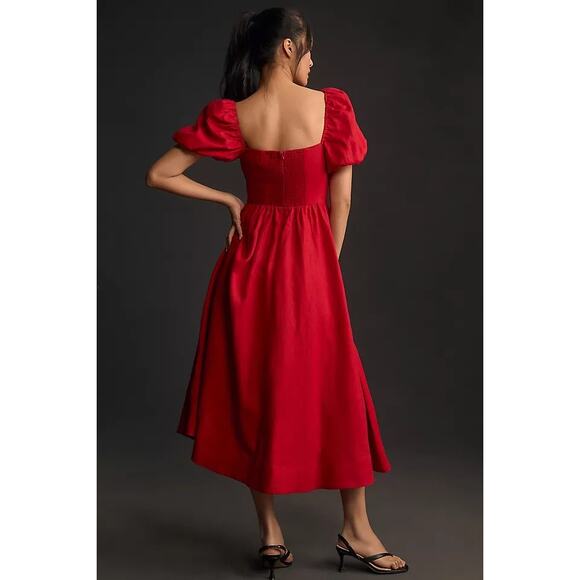 Reformation 100% Linen Red Zipper Smock Puffy Sleeve Sweetheart Neck Dress Sz 0 - Picture 5 of 12